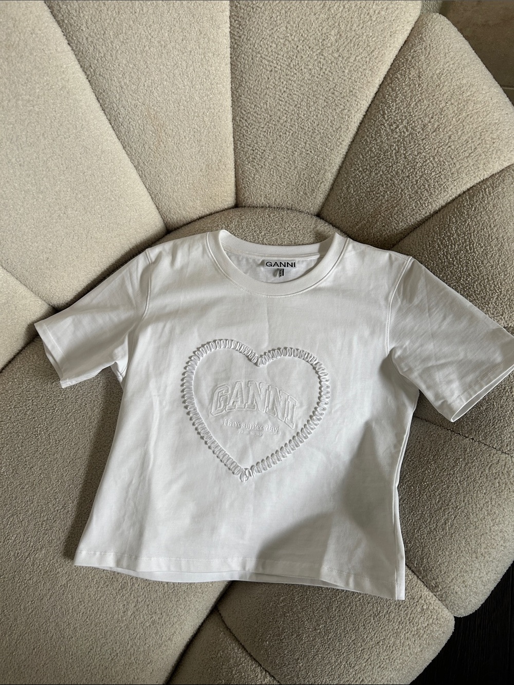 Ganni White Kids Short-Sleeve Tee with Embroidered Heart